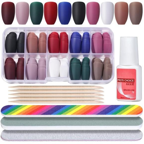 Press On Nails Medium Length, Coffin Matte 10 Solid Colors Short Ballerina